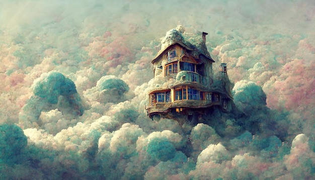 Magical flying fairy tale dreamy cloud house painting illustration