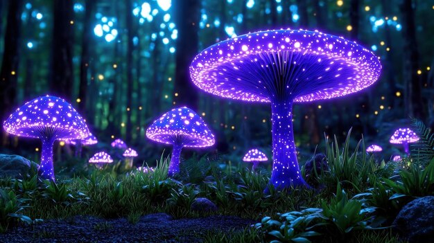 A magical forest glade with bioluminescent mushrooms glowing fireflies and a sense of enchantment in the air