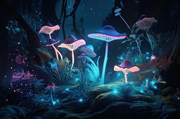 Magical forest at night Bioluminescent fungi and glowing flowers Generative AI