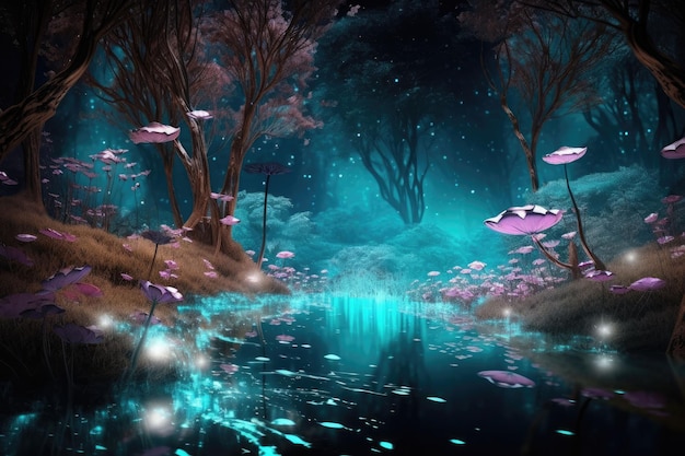 Magical forest at night Bioluminescent fungi and glowing flowers neon and pastel colors Generative AI illustration