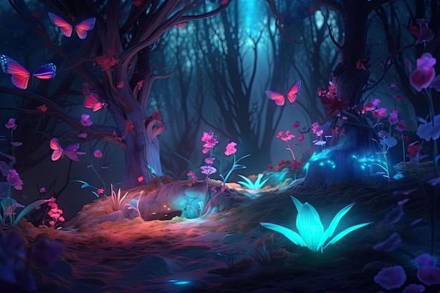 Magical forest at night Bioluminescent fungi glowing flowers neon and pastel colors Generative AI