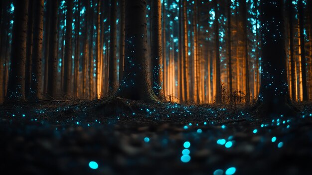 Photo a magical forest at night with glowing lights on the trees and ground