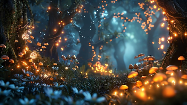 A magical forest at night with glowing mushrooms and lights