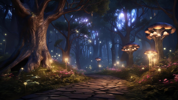 Magical Forest Path with Bridge and Glowing Mushrooms