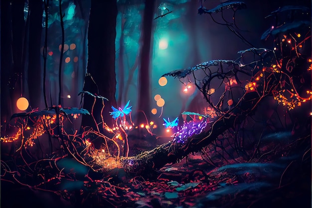 Magical forest path with glowing fireflies Night magical fantasy forest Forest landscape