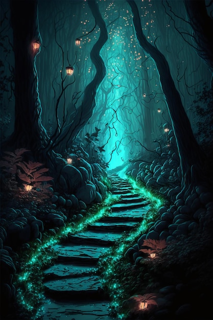 Magical forest path with glowing fireflies night magical fantasy forest forest landscape