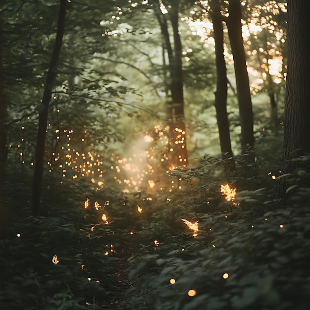 Photo magical forest path with glowing lights