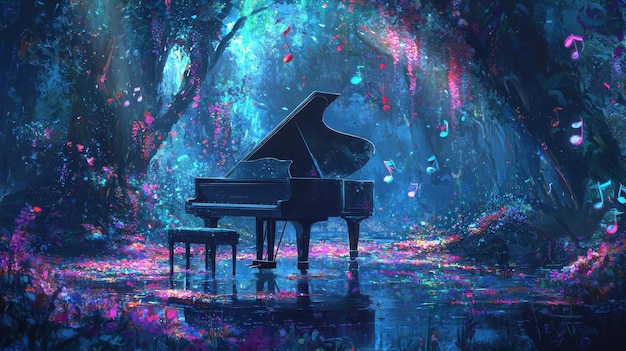 Photo magical forest piano with music notes