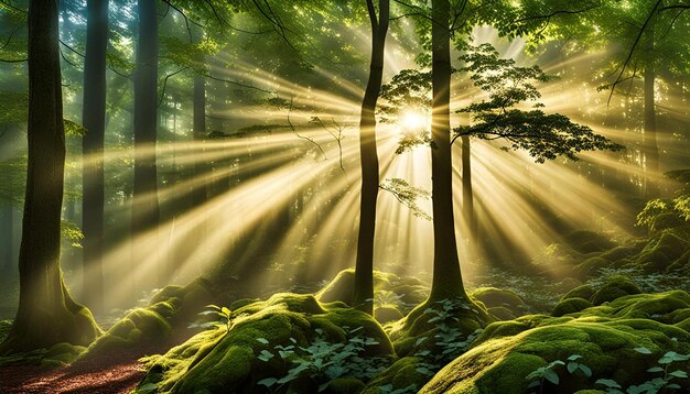 Photo magical forest scene with sunbeams breaking through dense foliage