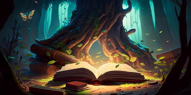 Magical forest with a book hidden in a tree stump Generative AI