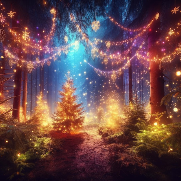 Magical forest with Christmas trees and glowing lights