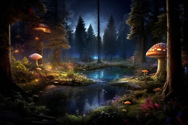 Magical forest with colorful mushrooms and tree