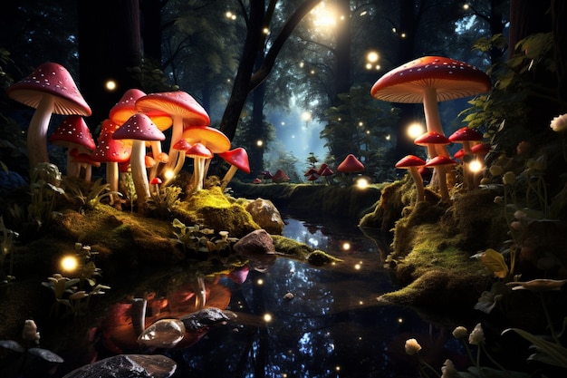 Magical forest with colorful mushrooms and tree