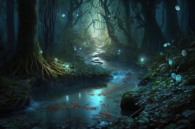 Magical forest with glowing dusts