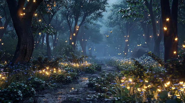 A magical forest with glowing fireflies and a path