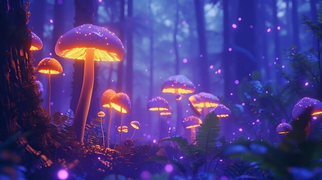 A magical forest with glowing mushrooms