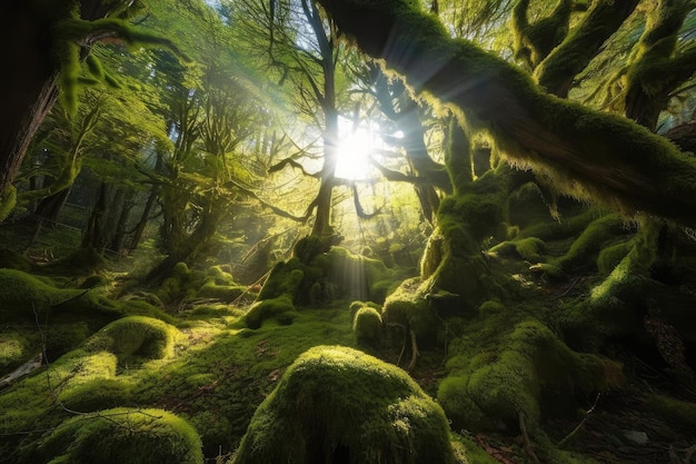 Magical forest with mosscovered trees and shining sunbeams created with generative ai