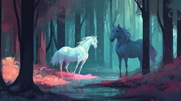 Magical forest with white horses Fantasy concept Illustration painting Generative AI