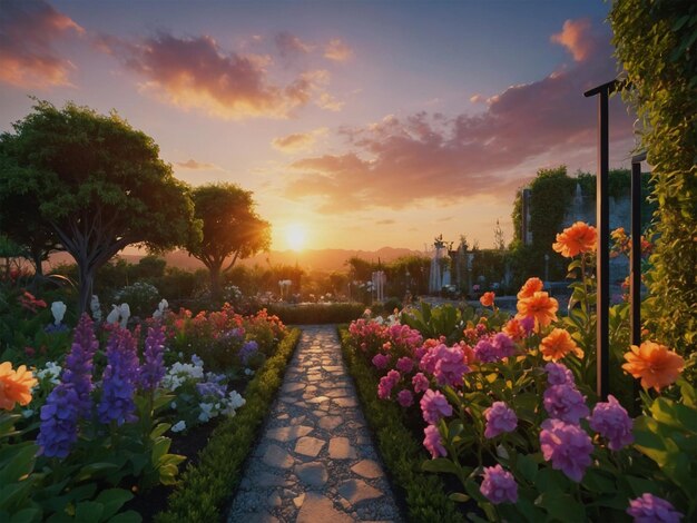 Photo magical garden at sunset with beautiful flower fireflies