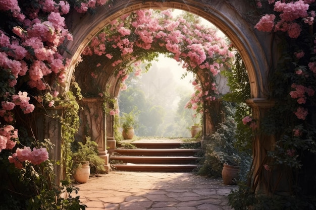 A magical garden with pink flowers