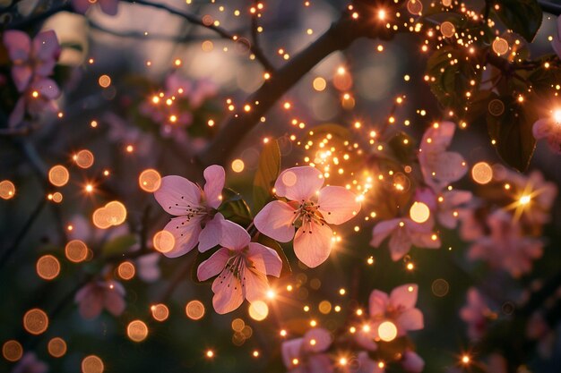 Photo magical garden with radiant floating blossoms