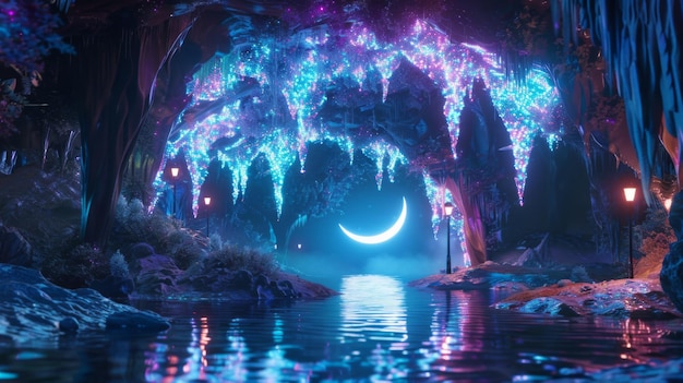 Magical Glowing Crystal Cave with Crescent Moon River and Lanterns Fantasy Landscape