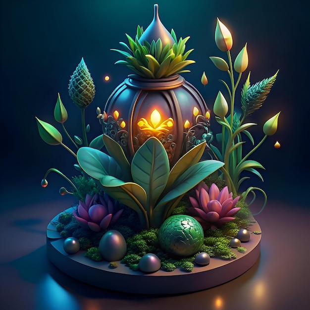 A magical glowing lamp with intricate details is nestled amongst lush greenery