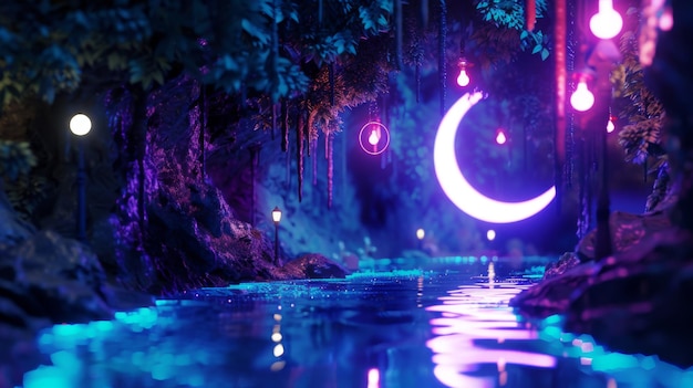 Photo magical glowing moon and lights illuminating a mystical forest river concept of fantasy enchantment and dreams