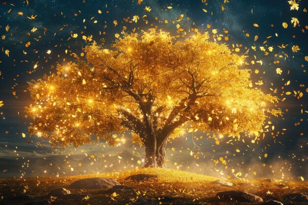 Magical Golden Tree with Falling Leaves in Autumn