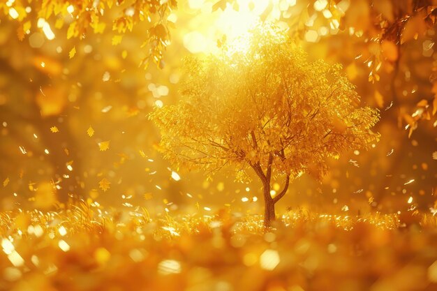 Photo magical golden tree with falling leaves in autumn