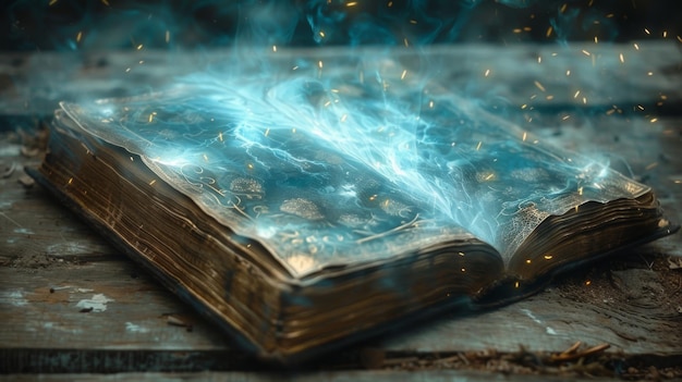 A magical grimoire open to a spell page casting an ethereal light