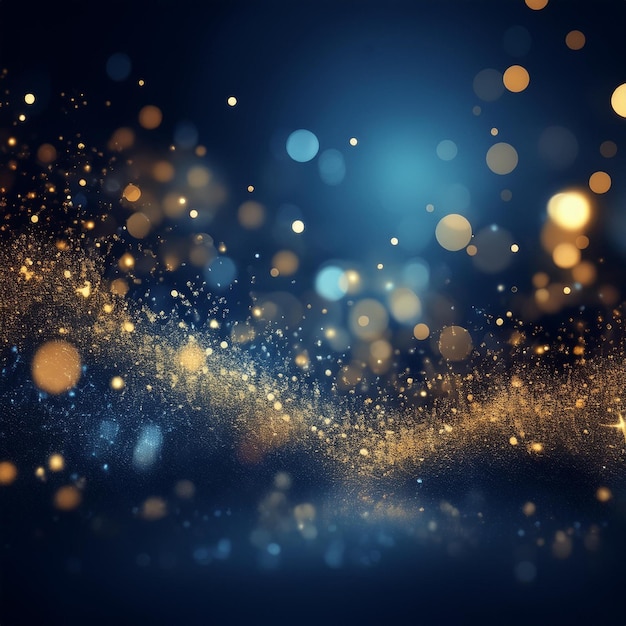 Magical holiday atmosphere Rich dark blue background featuring dancing gold twinkling bokeh effects