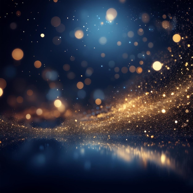 Magical holiday atmosphere Rich dark blue background featuring dancing gold twinkling bokeh effects