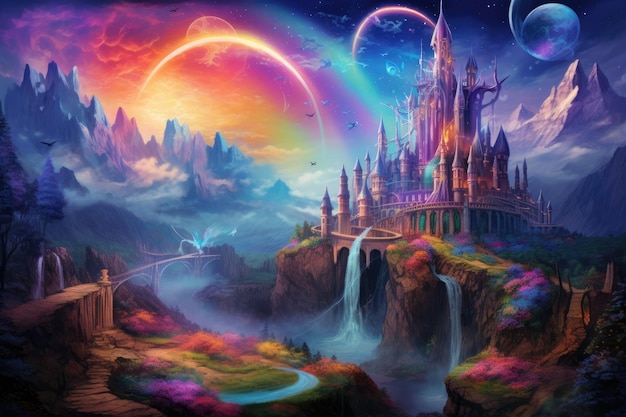 magical holographic fantasy realm with flying unicorns and glittering waterfalls