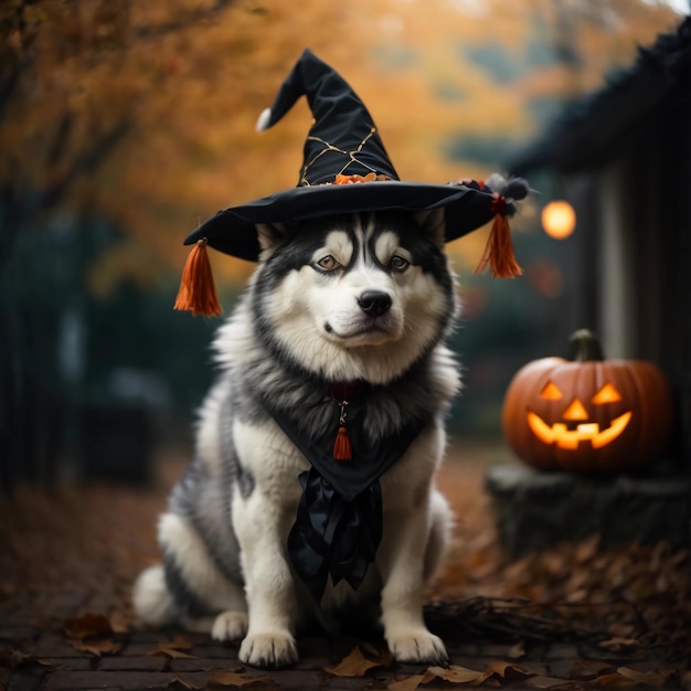 Magical Husky Moments Adorable Siberian Dog in Halloween Costume Amidst Pumpkins and Ornaments