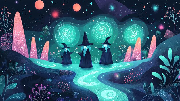 Photo magical illustration of three witches walking along a glowing river under a starry night sky