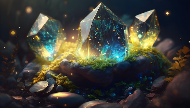 Magical iridescent crystals in dark mystery forest