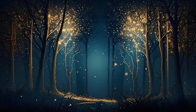 Magical iridescent trees in dark mystery forest