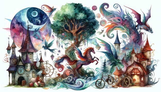 Photo a magical landscape painted in watercolor features a winged horse a dragon and two buildings all