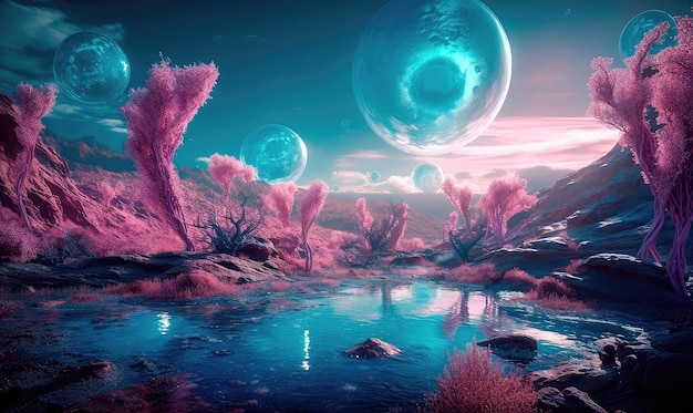 A magical landscape of a turquoise lake surrounded by mountains trees and bubbles in a vast alien desert Generative AI