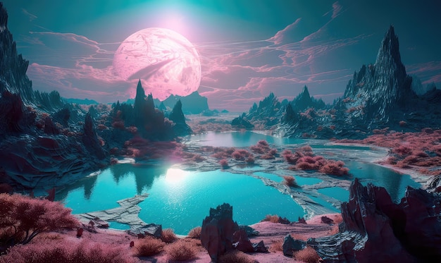 A magical landscape of a turquoise lake surrounded by mountains trees and bubbles in a vast alien desert Generative AI