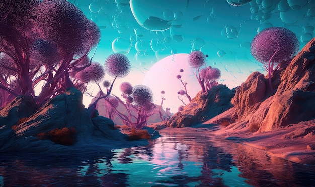 A magical landscape of a turquoise lake surrounded by mountains trees and bubbles in a vast alien desert Generative AI