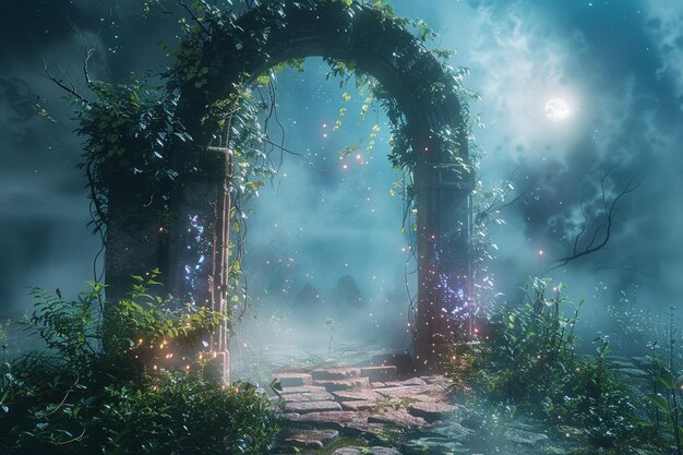 Photo a magical landscape with a gate and a light in the middle