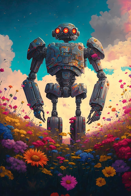 A magical landscape with a robot with two arms and two legs in a field of multicolored flowers AIGenerated