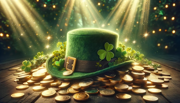 Magical leprechaun hat with gold coins and clovers