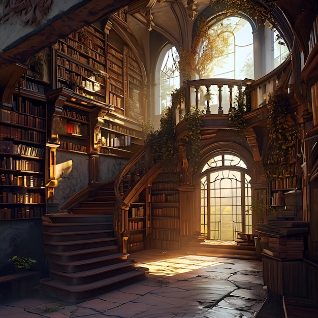 A magical library where books come to life with vibrant stories