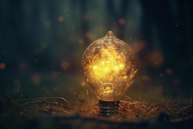 Magical lightbulb glowing amidst a mystical forest setting