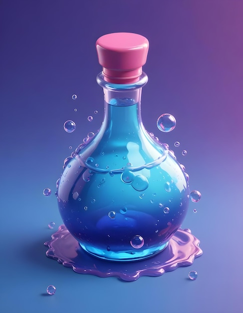 Magical looking blue elixir inside a rounded bottle