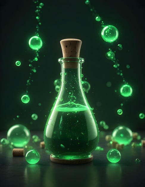 Magical looking green potion in a small bottle with a cork