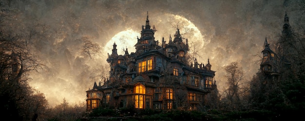 Magical mansion under a full moon in a dark sky at night Halloween concept banner background